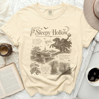 Cream t-shirt with Sleepy Hollow graphic featuring headless horseman and text.