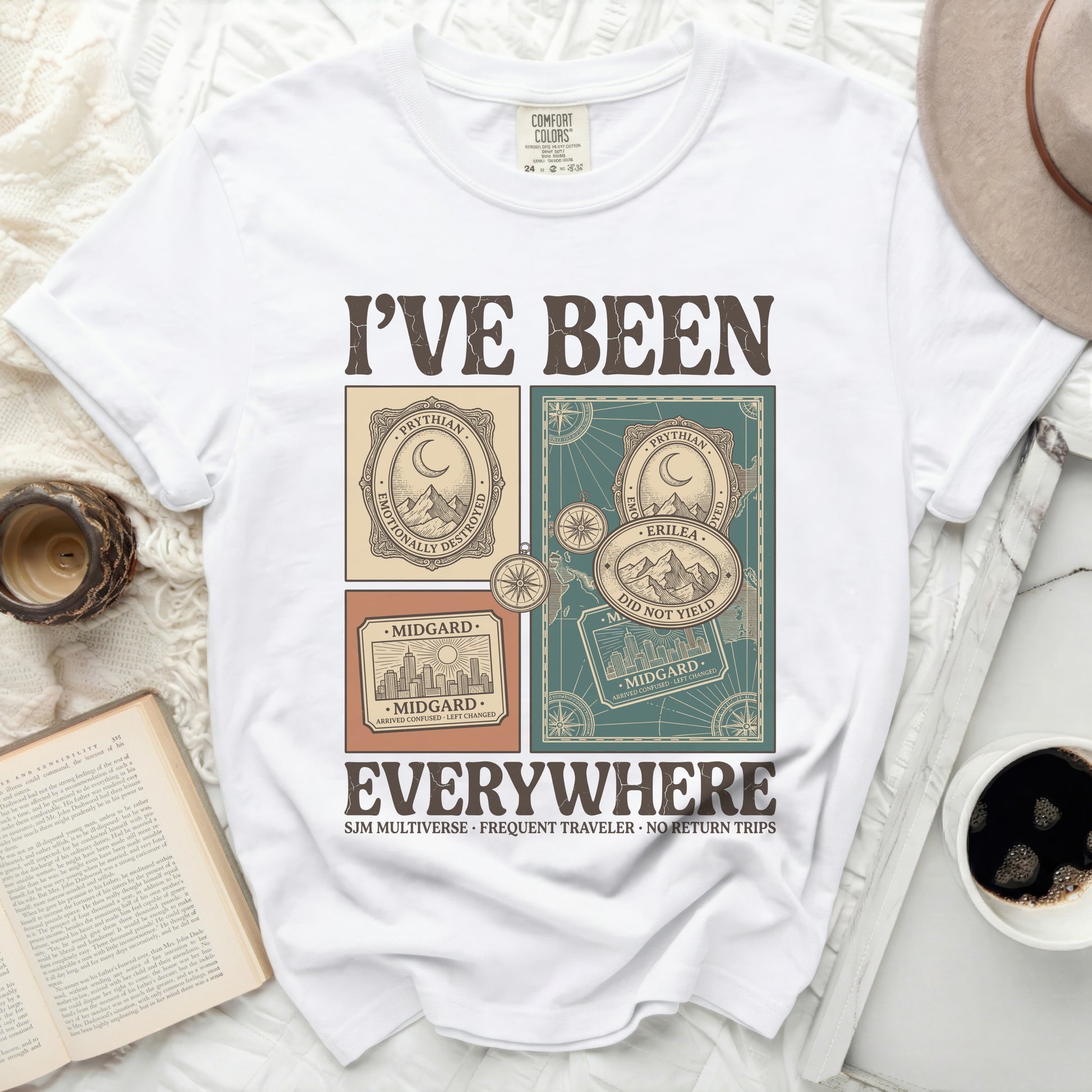 White t-shirt with "I've Been Everywhere" and travel-themed graphics.