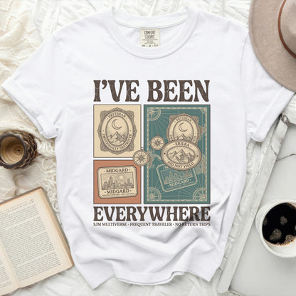 White t-shirt with "I've Been Everywhere" and travel-themed graphics.