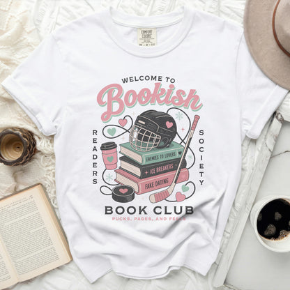 White t-shirt with "Bookish Readers Society" graphic and hockey elements.