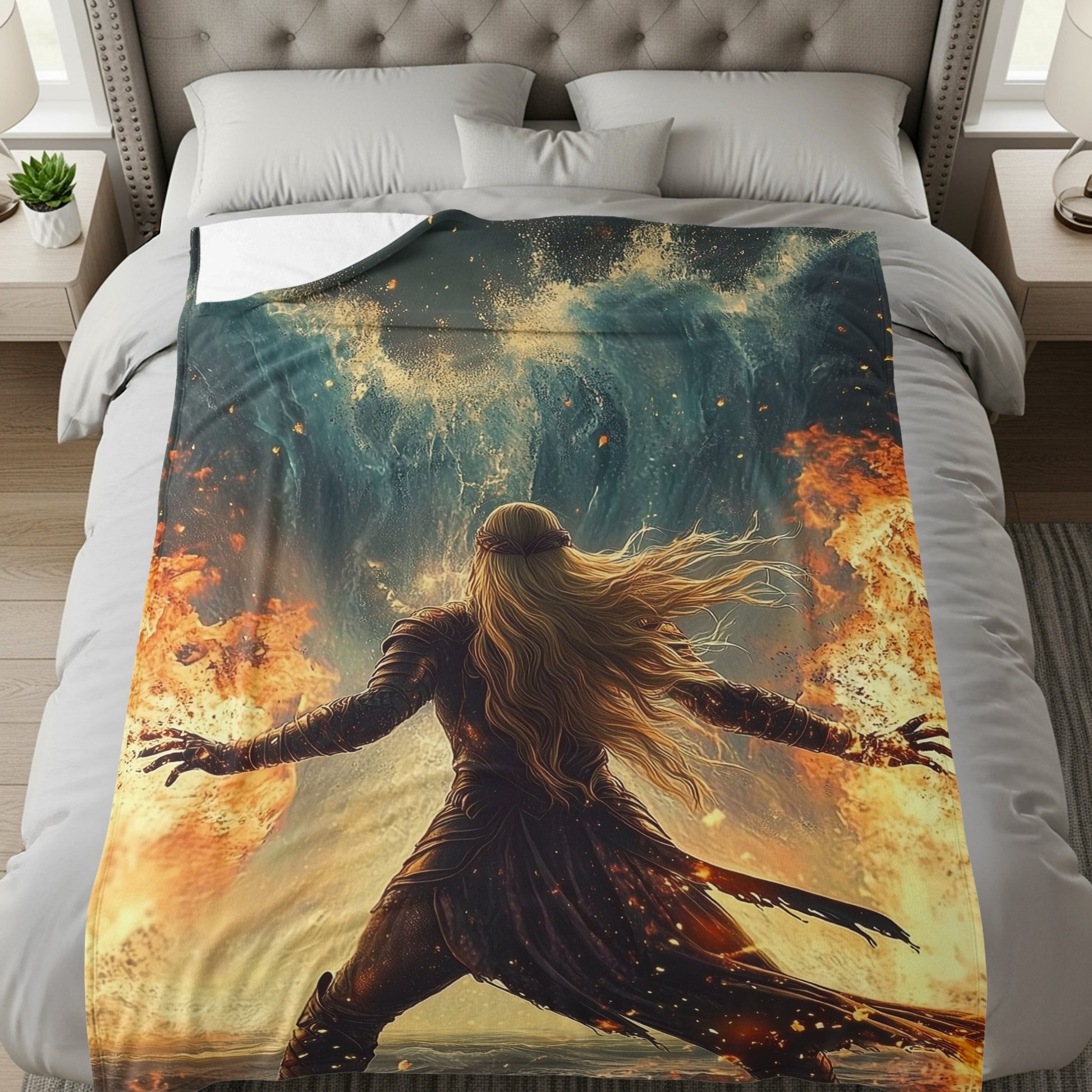 Epic Warrior Against Fiery Inferno Bedroom Blanket