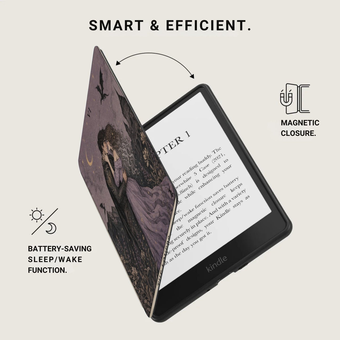 Kindle e-reader with a magnetic closure and battery-saving sleep/wake function.
