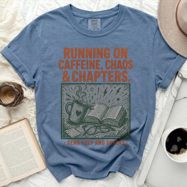Running on Chapters Tee in Blue Jean