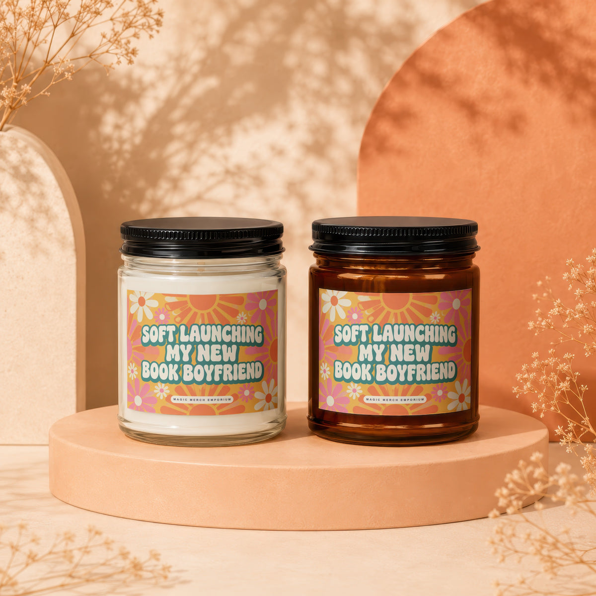 Two candles with "Soft Launching My New Book Boyfriend" text and floral design.
