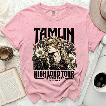 Pink t-shirt with Tamlin High Lord Tour graphic featuring a masked man and text.