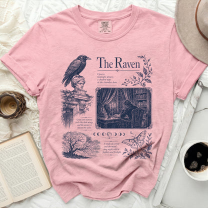 Pink t-shirt with "The Raven" design featuring moon phases, a moth, and literary quotes.