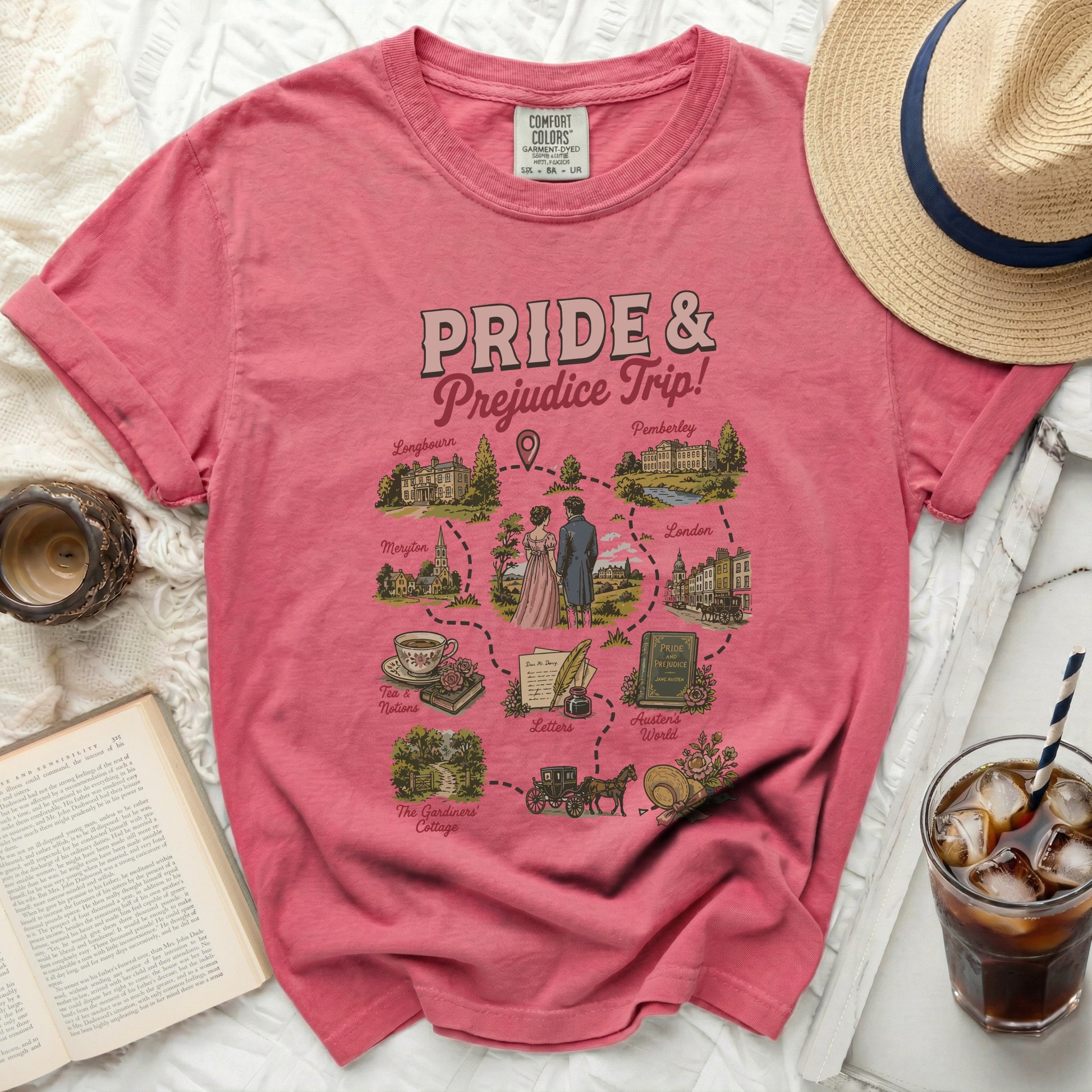 Pride and Prejudice Trip map shirt with key locations and characters.