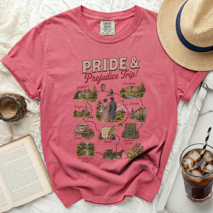 Pride and Prejudice Trip map shirt with key locations and characters.