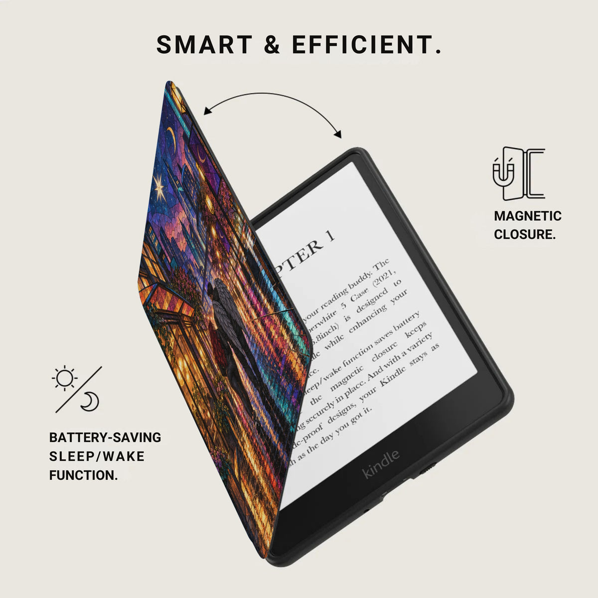 Kindle with a stained glass cityscape cover, featuring magnetic closure and battery-saving function.