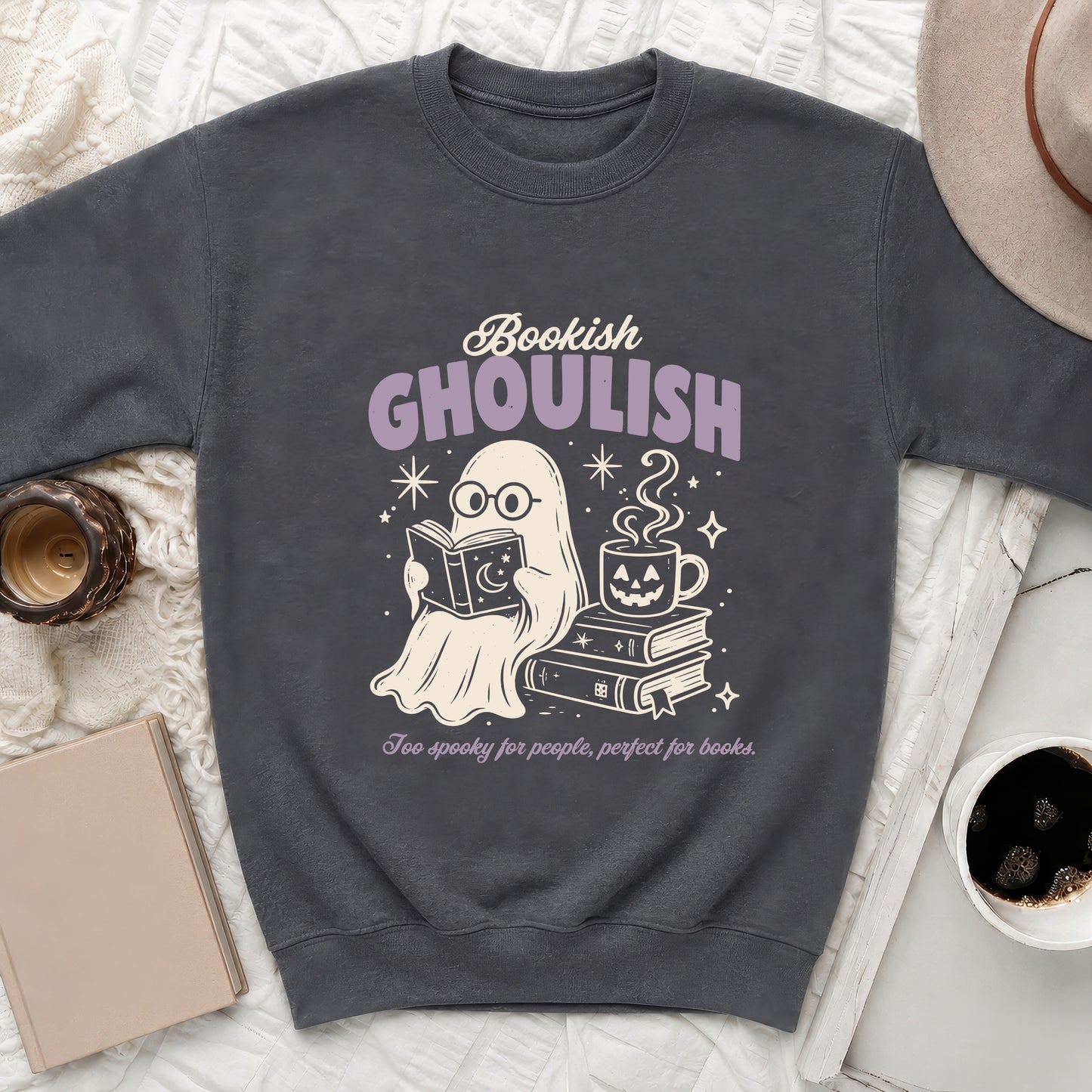 Dark grey sweatshirt with "Bookish GHOULISH" text and ghost graphic reading.