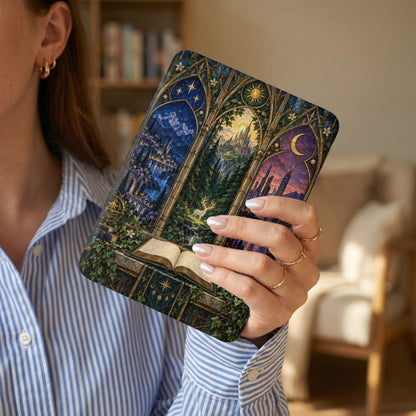 Open book with stained glass art of celestial and castle scenes, held by a woman.
