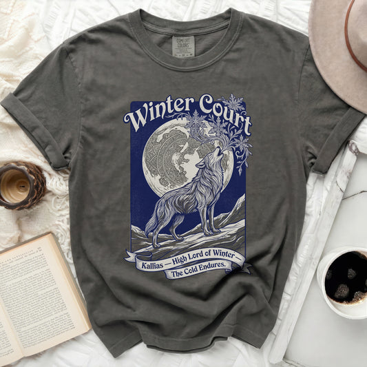 Charcoal Comfort Colors t-shirt with wolf and moon graphic and text.