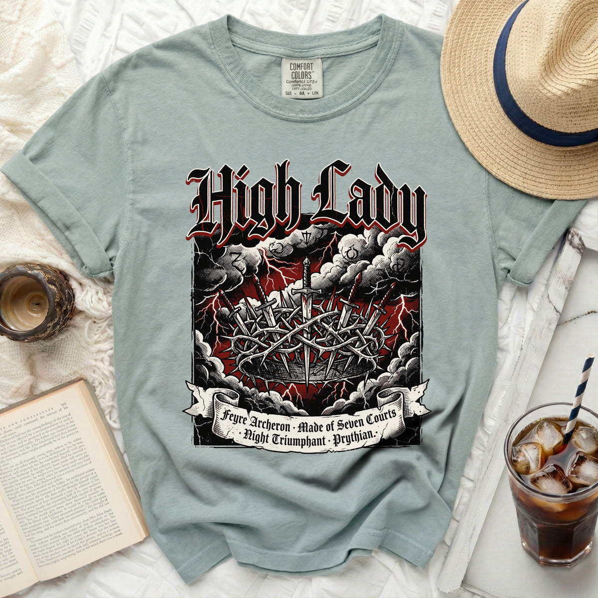 T-shirt with "High Lady Feyre Archeron" design, sword, and thorns.