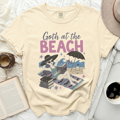 Comfort Colors t-shirt with "Goth at the Beach" graphic and Dracula book.