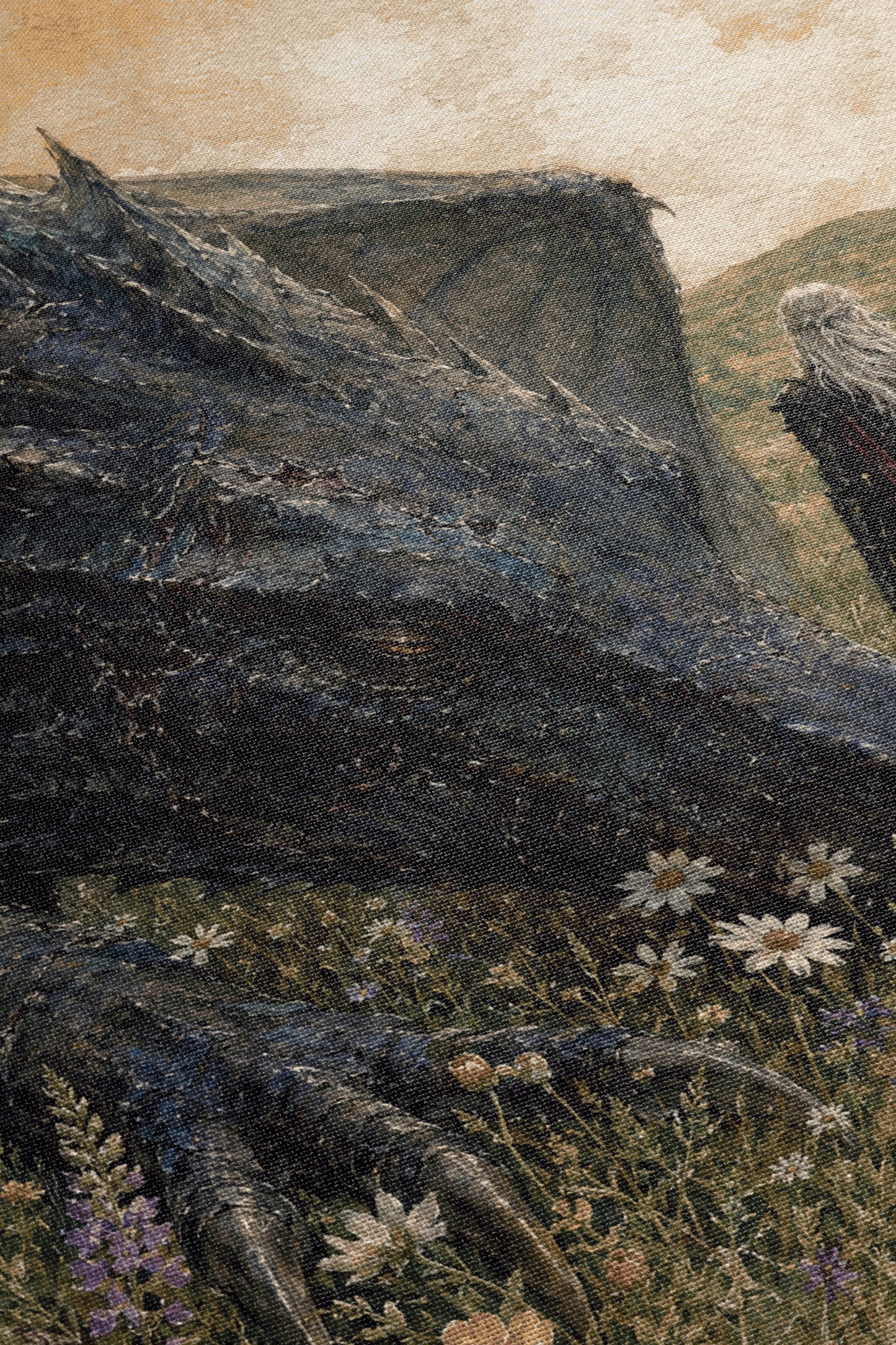 a large, dark dragon-like creature with sharp claws and a long tail, standing in a grassy field with wildflowers.