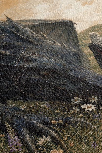a large, dark dragon-like creature with sharp claws and a long tail, standing in a grassy field with wildflowers.