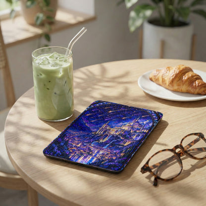 An e-reader with a stained glass-style castle cover rests on a wooden table beside a green iced drink, croissant, and glasses.