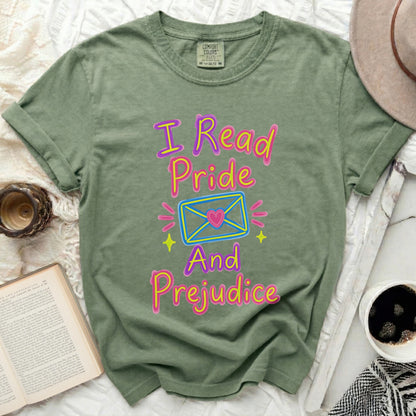 T-shirt with "I Read Pride And Prejudice" text and heart envelope graphic.