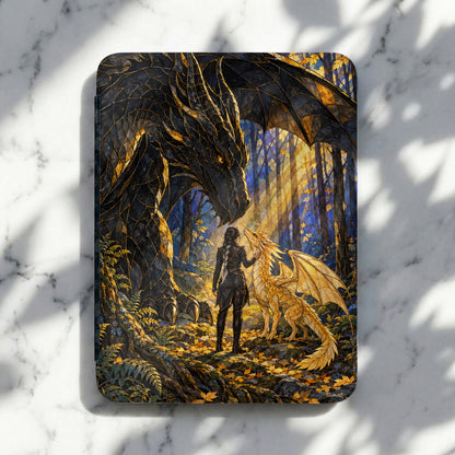 Fantasy art of a woman and two dragons in a sunlit forest.