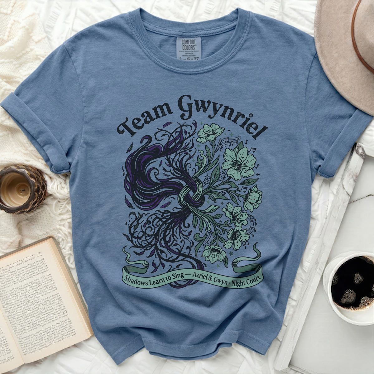 Team Gwynriel with floral and dark vine design, "Shadows Learn to Sing" banner.