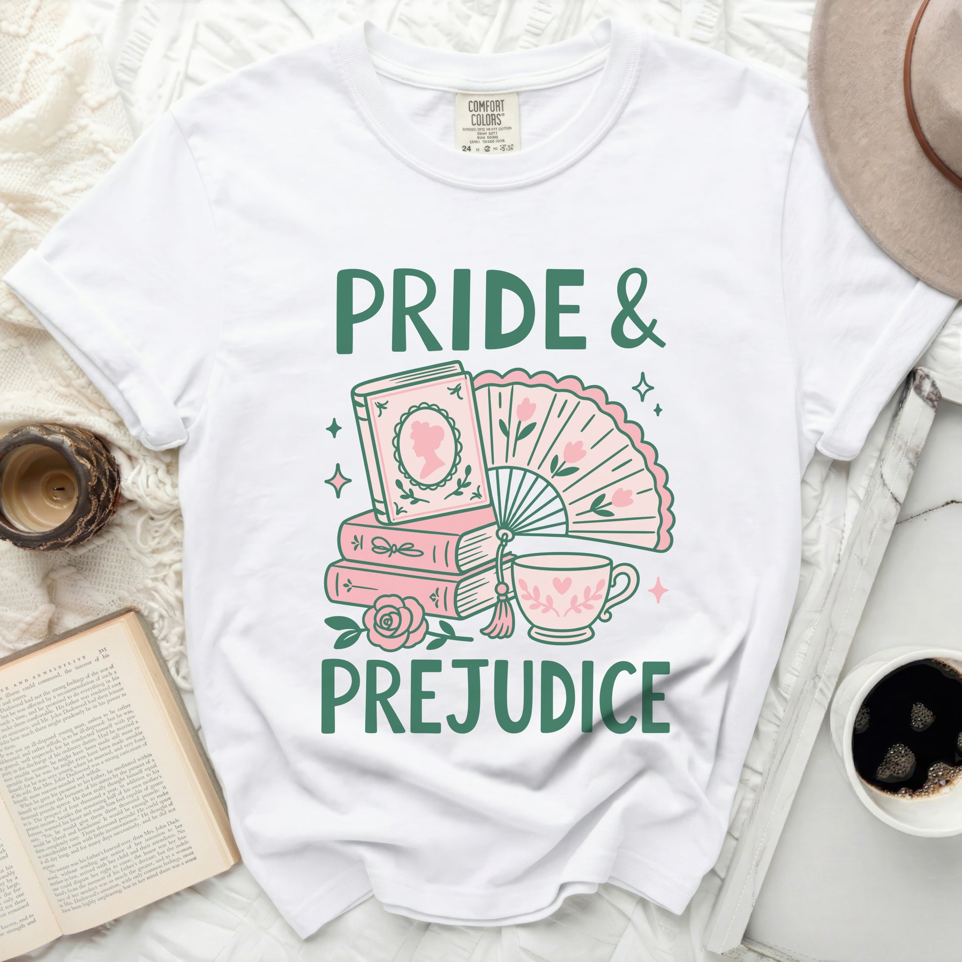 Pride & Prejudice graphic on white t-shirt with books, fan, and teacup.