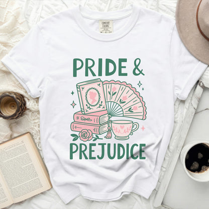 Pride & Prejudice graphic on white t-shirt with books, fan, and teacup.