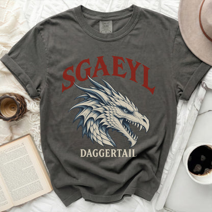Dark gray t-shirt with red "SGAEYL" text and a white dragon head graphic.