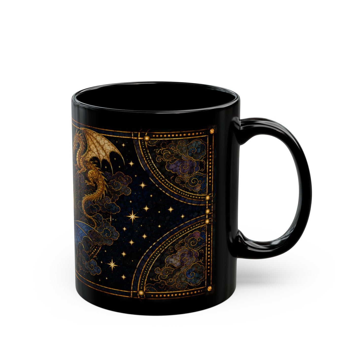 Black mug with a golden dragon on a starry, cloudy night sky design.