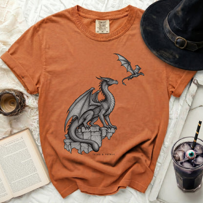 Orange t-shirt with detailed print of two dragons and "TEINE & FEIRGE" text.
