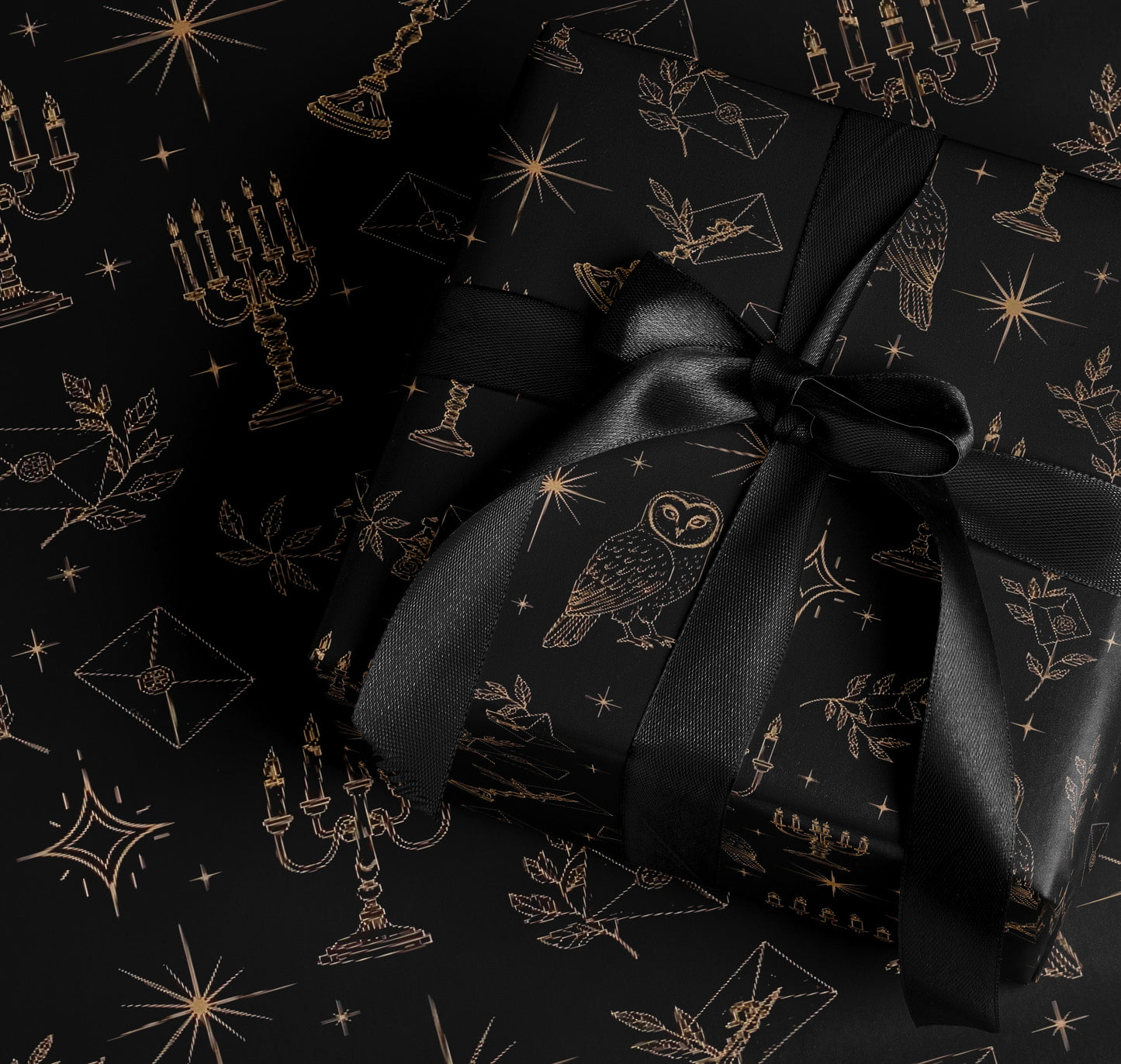 Elegant Black and Gold Gift Wrap with Owl Design