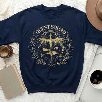 Navy sweatshirt with gold "Quest Squad Ridoc's Version" and dragon graphic.