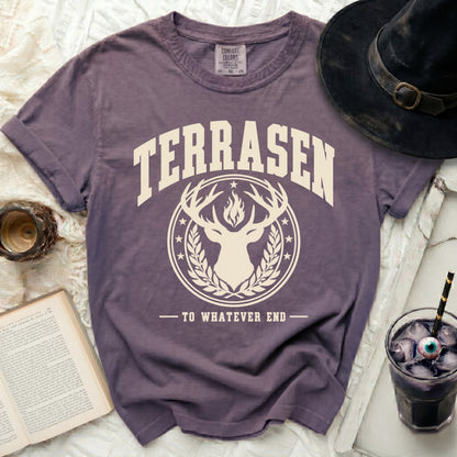 Purple t-shirt with "TERRASEN TO WHATEVER END" text and deer graphic.
