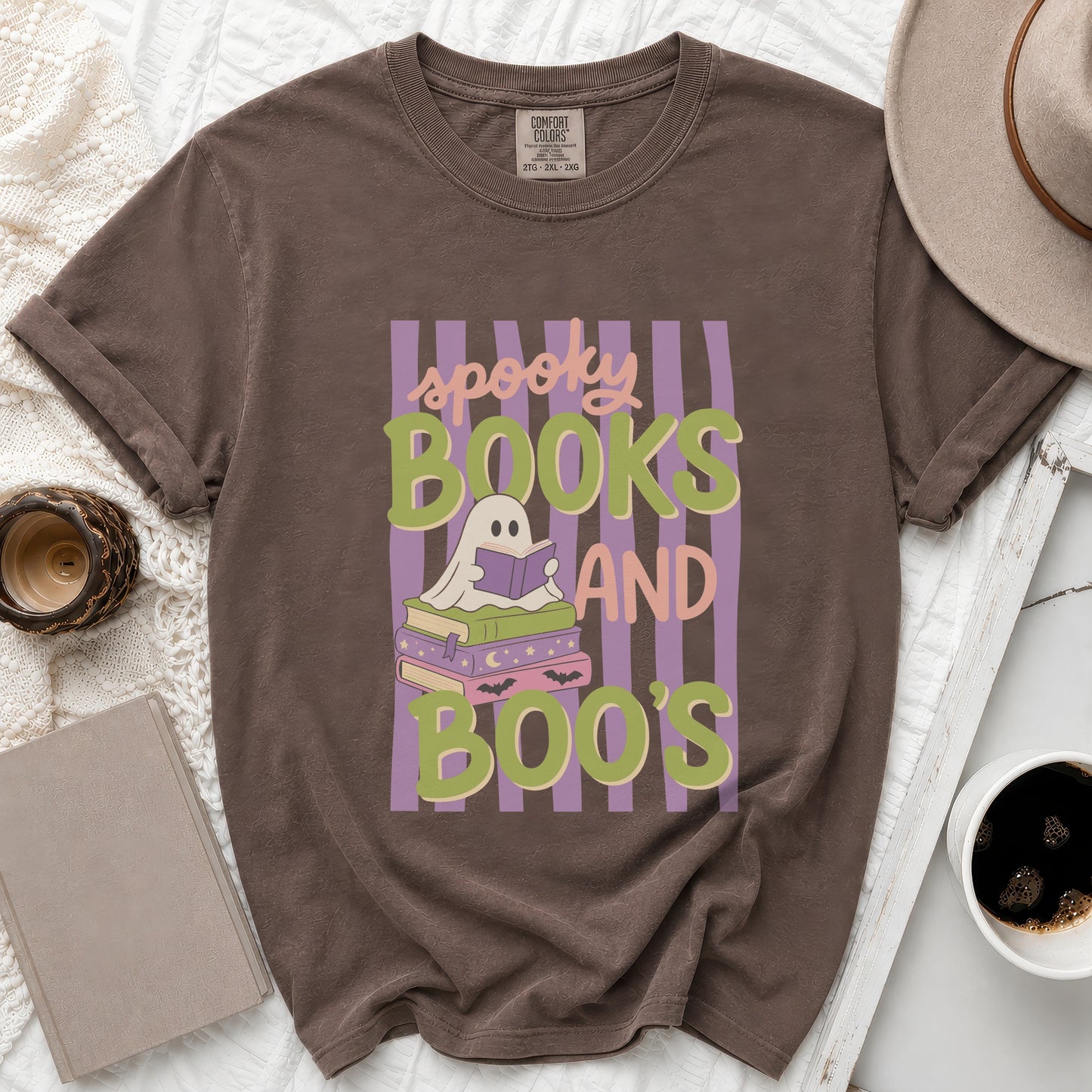 Brown t-shirt with "spooky BOOKS AND BOO'S" graphic featuring a ghost reading.