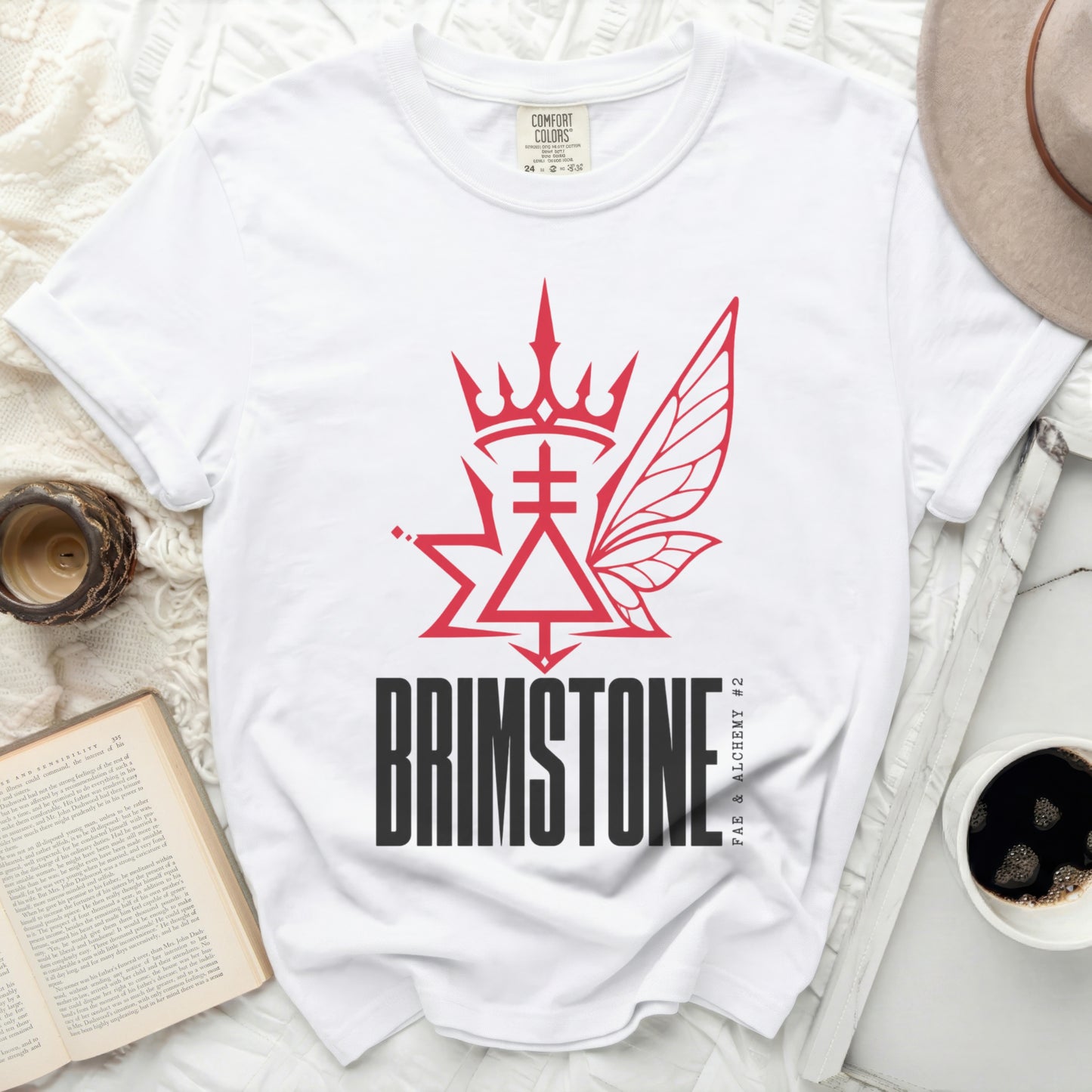 White t-shirt with red Brimstone Fae & Alchemy #2 graphic.
