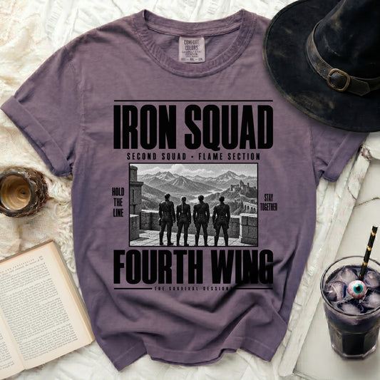 Purple t-shirt with "Iron Squad Fourth Wing" text and four figures on a castle wall.