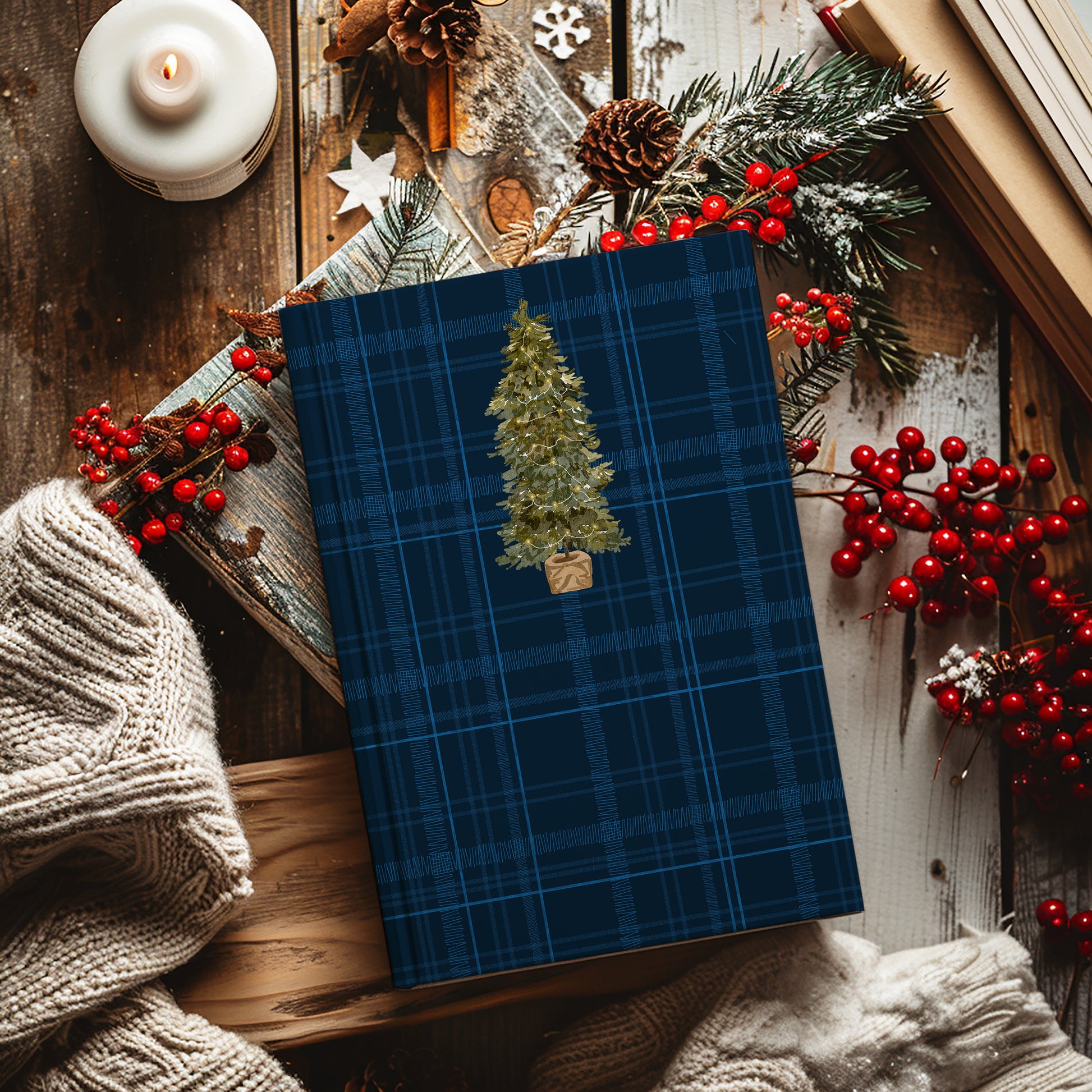 Festive Blue Plaid Holiday Journal with Christmas Tree