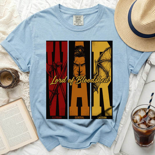 Light blue shirt with "WAR" in three panels, "Lord of Bloodshed" text.