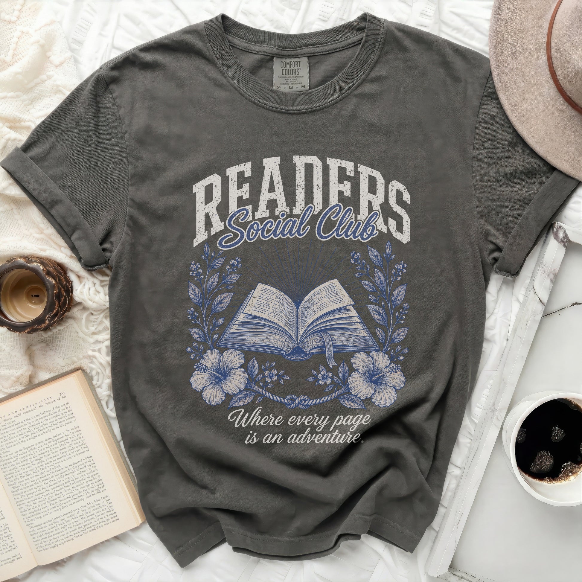 Dark grey t-shirt with "Readers Social Club" and an open book graphic.