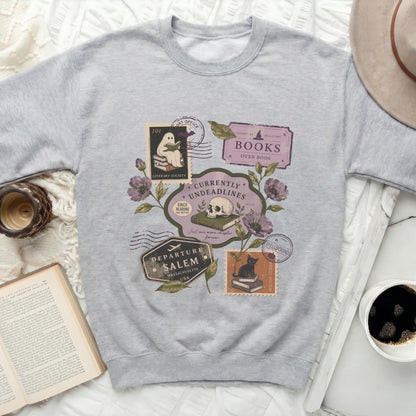 Grey sweatshirt with "Currently Undeadlines" and spooky literary designs.