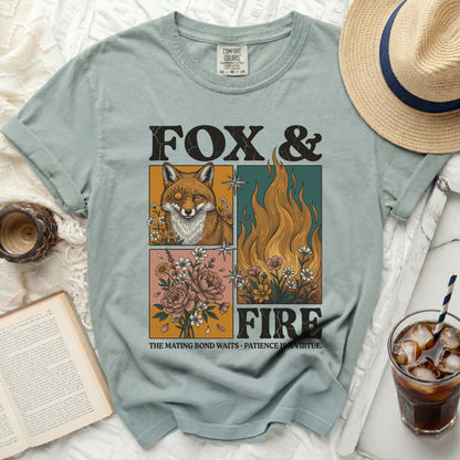 Fox & Fire graphic tee with floral and fire illustrations, and text.