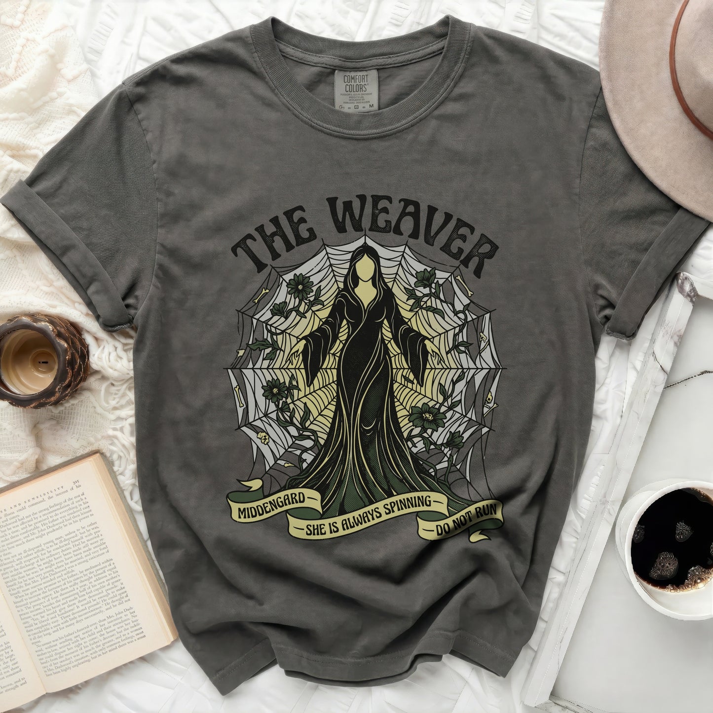 Grey t-shirt with "The Weaver" and spiderweb design.