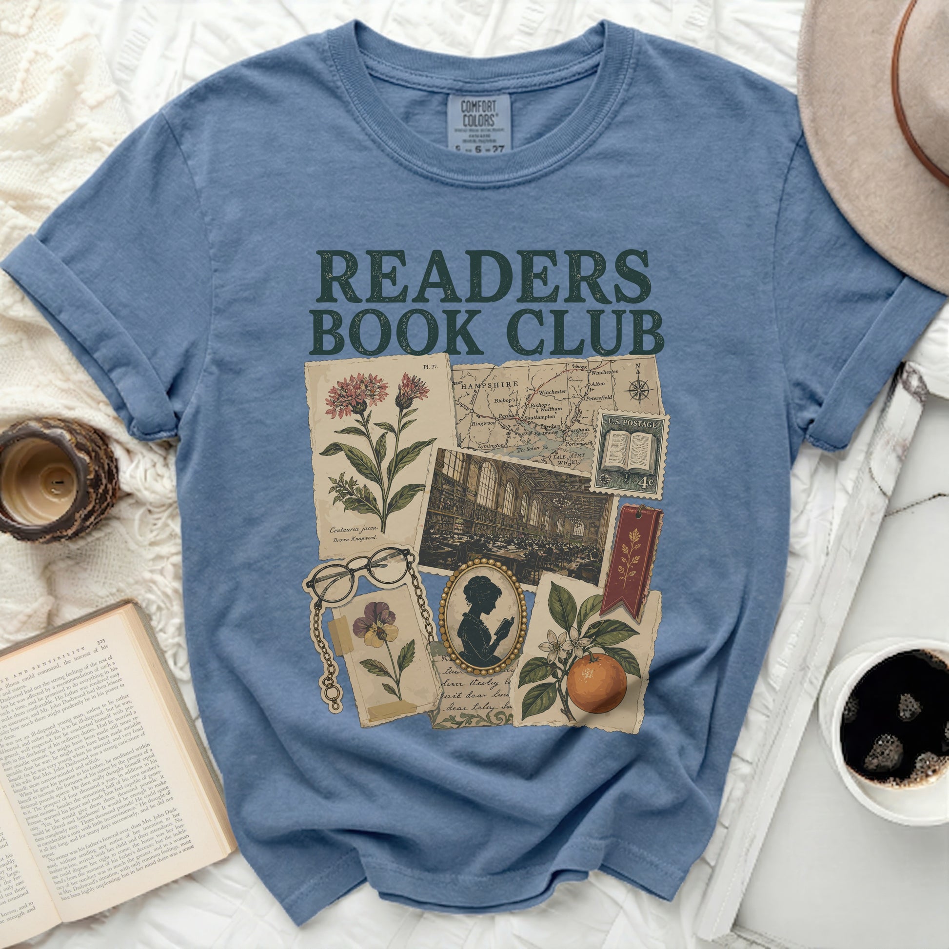 Blue t-shirt with "Readers Book Club" and vintage illustrations.