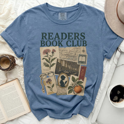Blue t-shirt with "Readers Book Club" and vintage illustrations.