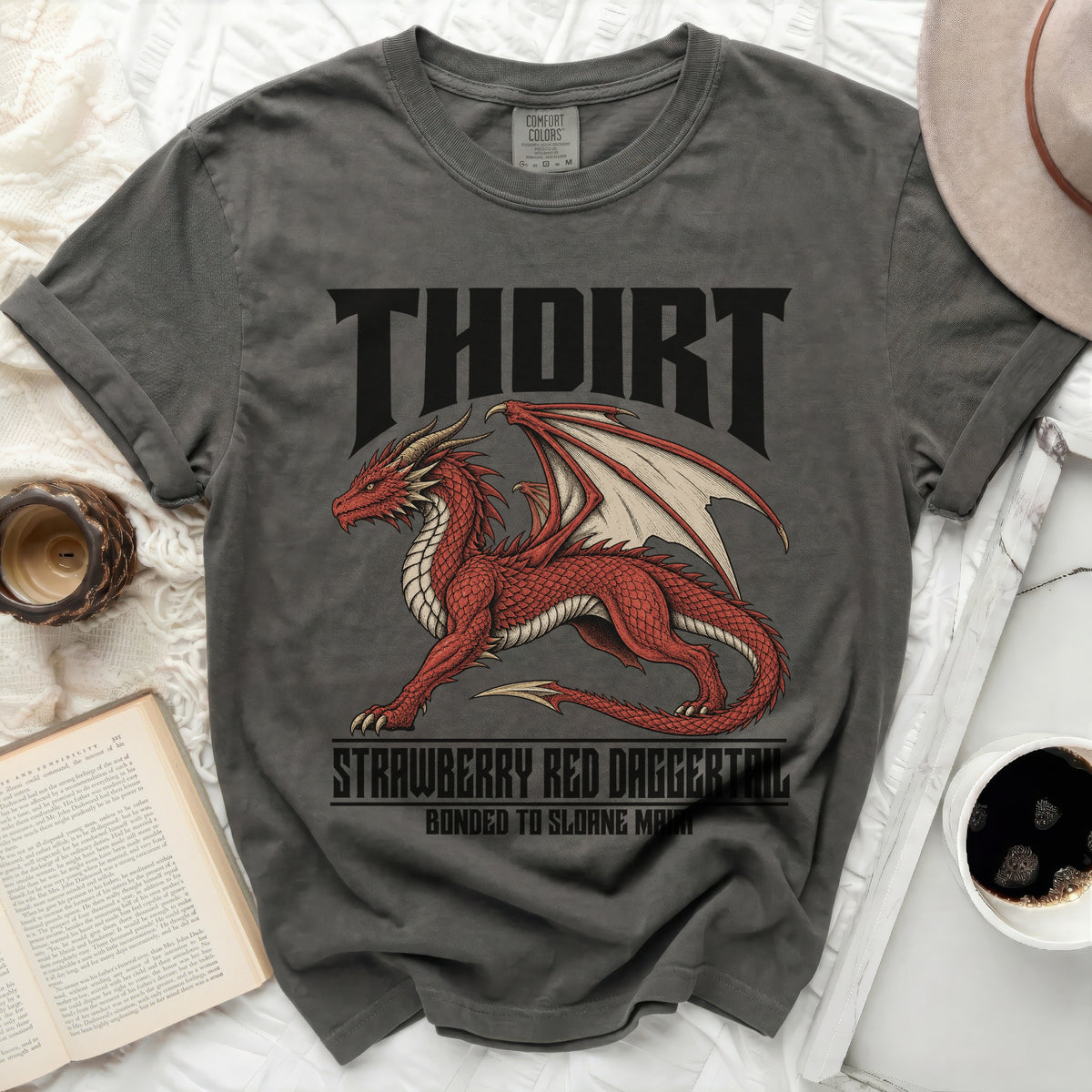 Gray t-shirt with red dragon graphic, "THOIRT" and "STRAWBERRY RED DAGGERTAIL" text.