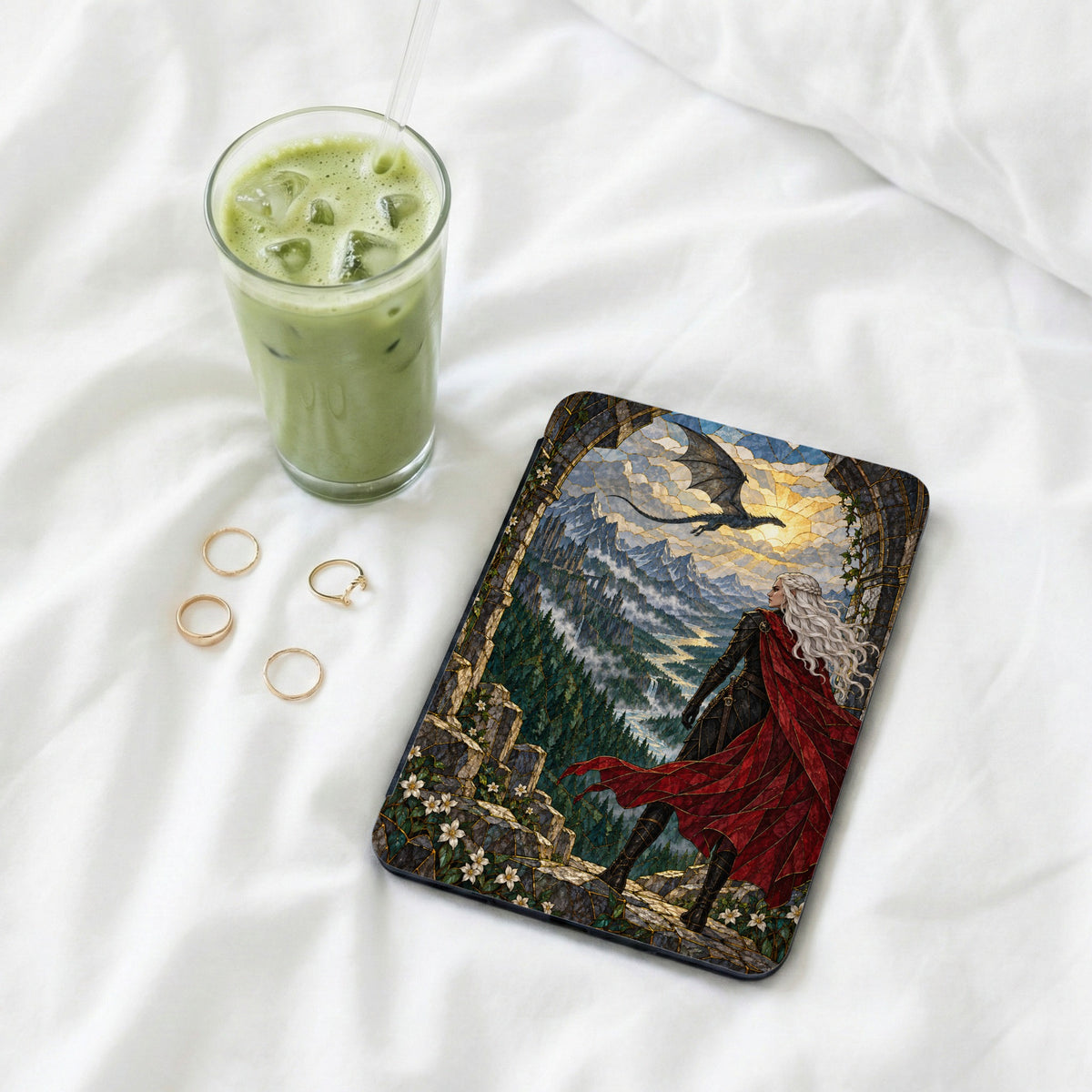 Tablet case with dragon, woman, and mountain landscape artwork.
