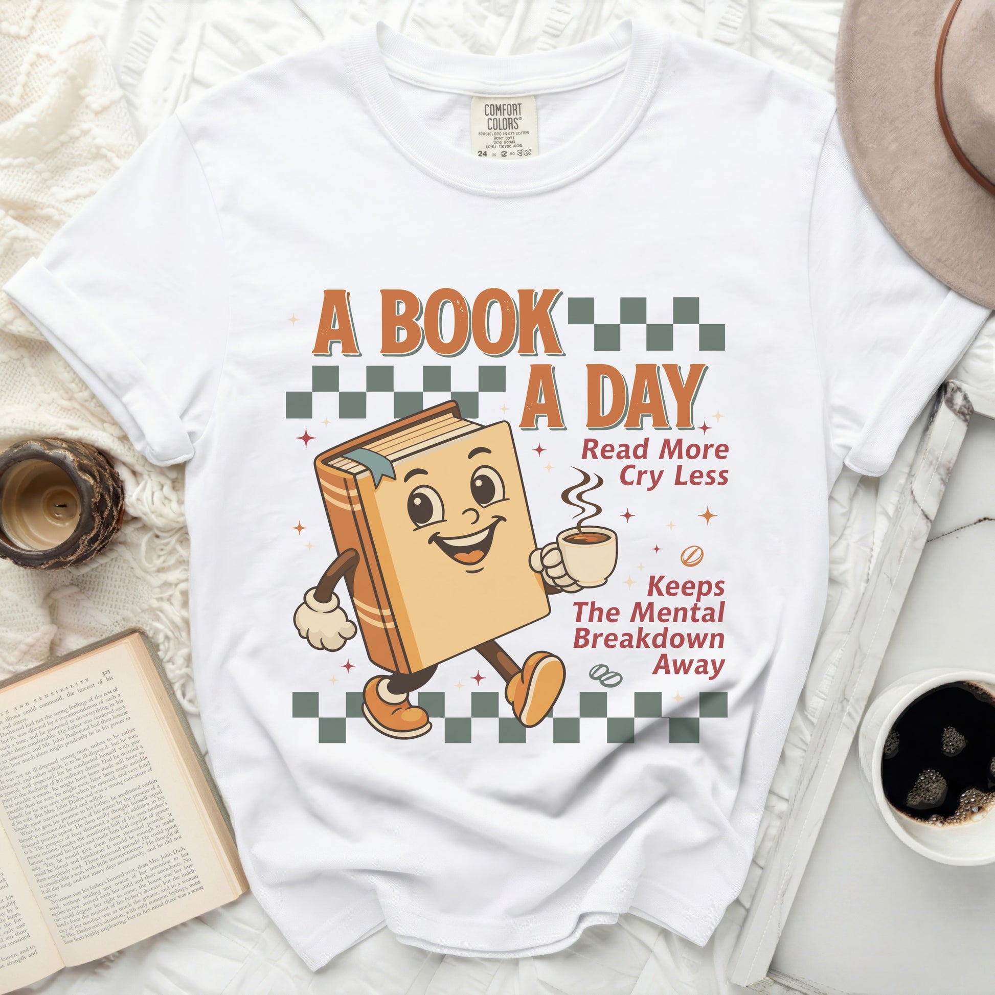 A book graphic with text "A BOOK A DAY Read More Cry Less Keeps The Mental Breakdown Away".
