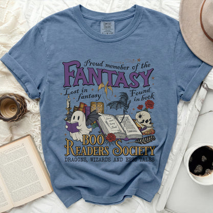 Blue t-shirt with "Boo Readers Society" graphic featuring a ghost, dragon, and books.