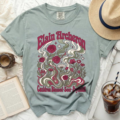 Elain Archeron graphic t-shirt with floral and wavy design.