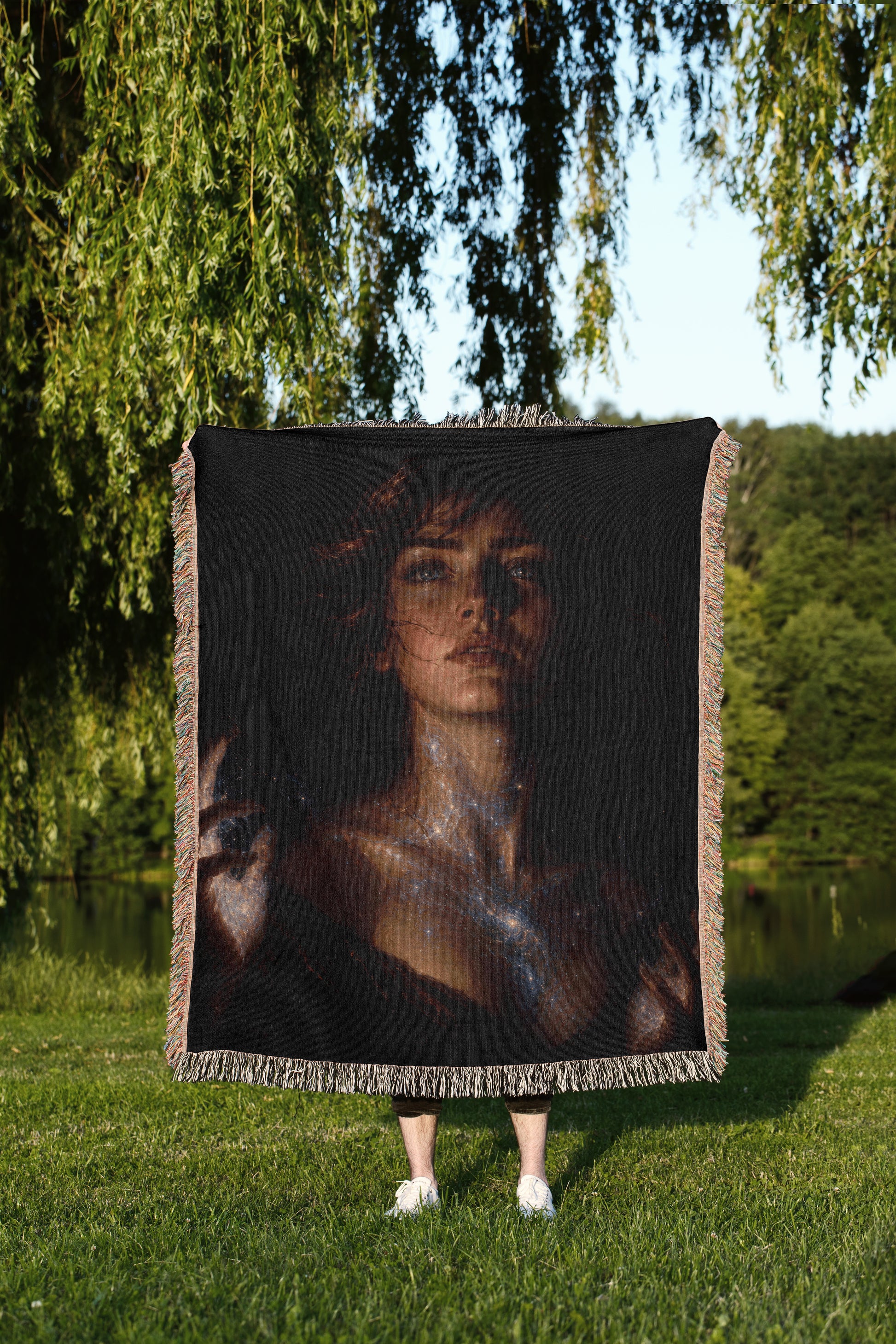 A person stands in a grassy field, holding a large square blanket featuring a portrait of a woman with long, dark hair.