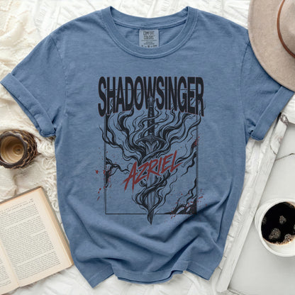 Blue t-shirt with black and red "SHADOWSINGER" and "AZRIEL" sword graphic.
